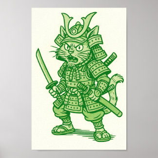 Poster Green Samurai Cat