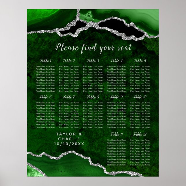 Poster Green Silver Agate Wedding Seating Chart 12 Table (Frente)