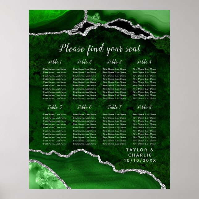 Poster Green Silver Agate Wedding Seating Chart 8 Table (Frente)