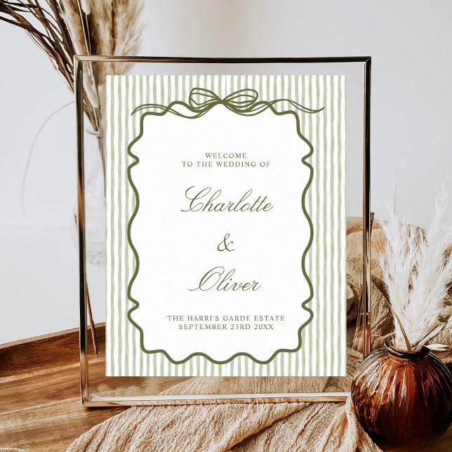 Poster Green Stripe Wedding Welcome Elegant Bridal Shower (Criador carregado)