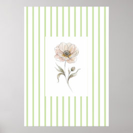 Poster Green Striped  watercolor rose Wall Art Print