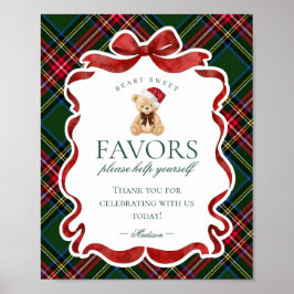 Poster Green Tartan Plaid Christmas Bear Party Favor Sign
