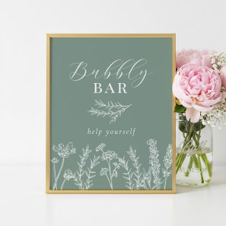 Poster Green Wildflower Bridal Shower Bubbly Bar Sign