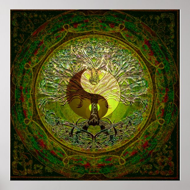 Póster Green Yin Yang com Árvore da Vida (Frente)