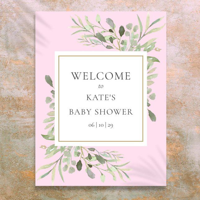 Poster Greenerescer Watercolor Baby Girl Sinal de Boas-vi (Greenery Watercolor Baby Girl Shower Welcome Sign)
