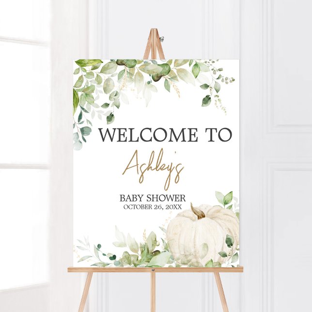 Poster Greenery A Little Pumpkin Welcome Chá de fraldas (Autumn Pumpkin Baby Shower Welcoem Sign)