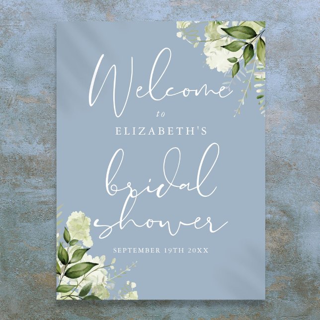 Poster Greenery Dusty Blue - Sinal de Boas-vindas ao Chá  (Greenery Dusty Blue Bridal Shower Welcome Sign)