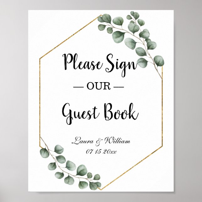 Poster Greenery Eucalyptus Glitter Sinal de Guestbook (Frente)