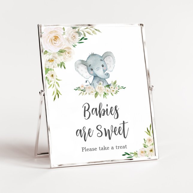 Poster Greenery Floral White Elephant Babies são doces (A Little Peanut is on the Way Baby Shower Babies are Sweet Sign)