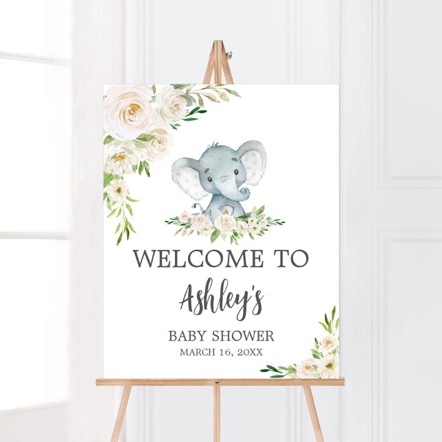 Poster Greenery Floral White Elephant Chá de fraldas Bem- (A Little Peanut is on the Way Baby Shower Welcome Sign)