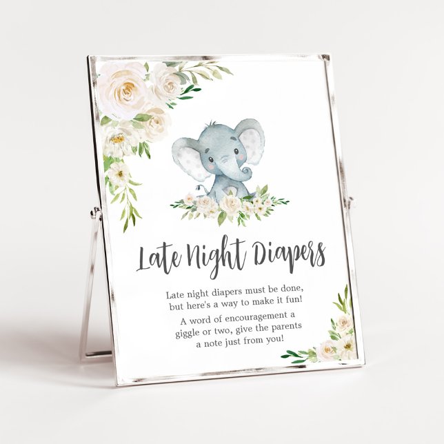 Poster Greenery Floral White Elephant Fraldas Noturnas Ta (A Little Peanut is on the Way Baby Shower Late Night Diapers Sign)