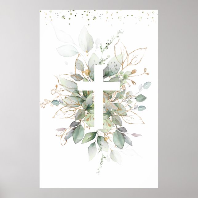Poster Greenery Foliage Cross Baby Baptism  (Frente)