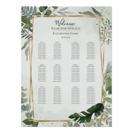 Póster Greenery gold watercolour wedding seating chart