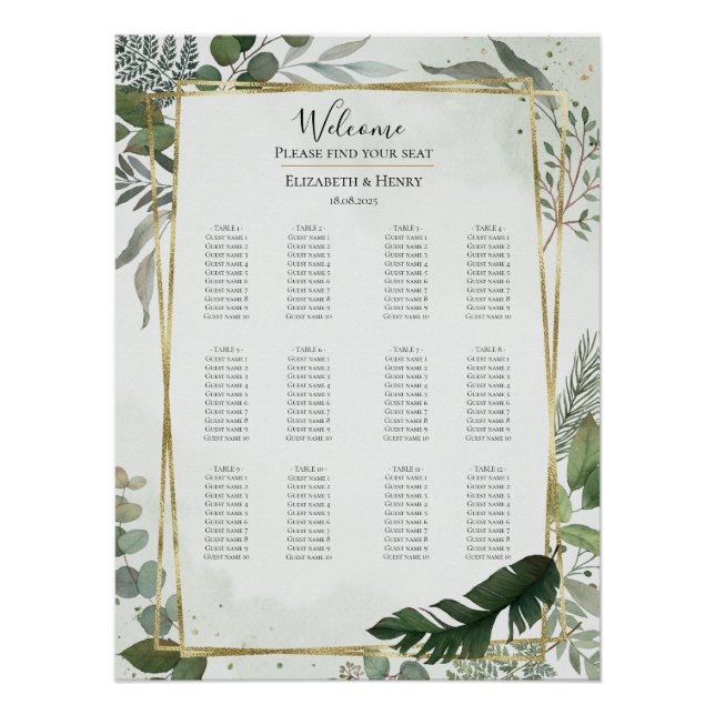 Póster Greenery gold watercolour wedding seating chart (Frente)