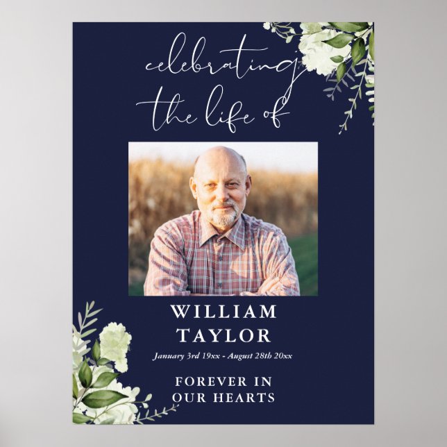 Poster Greenery Navy Blue Celebration Of Life Photo (Frente)