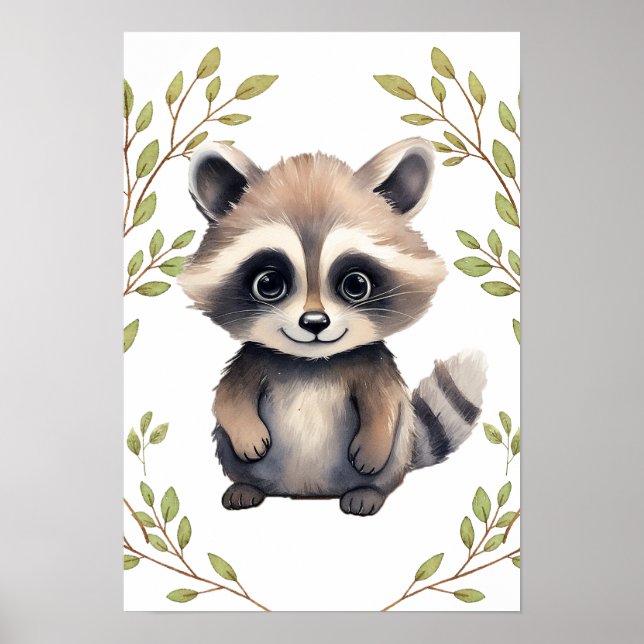Poster Greenery Raccoon Woodland Animal Nursery (Frente)