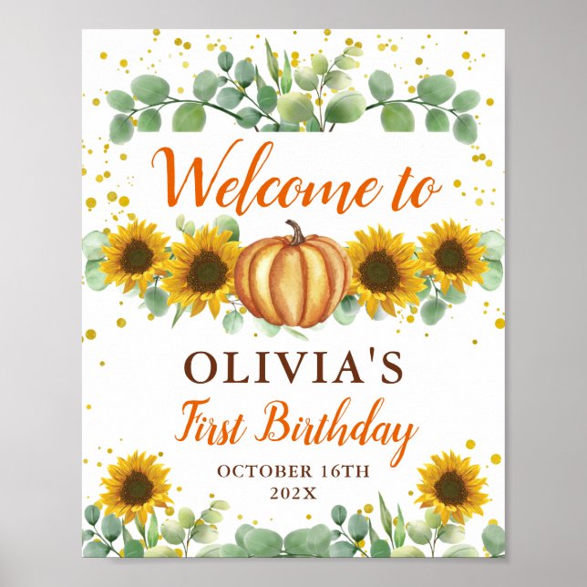 Poster Greenery Sunflower Pumpkin Outono Aniversário Bem- (Frente)