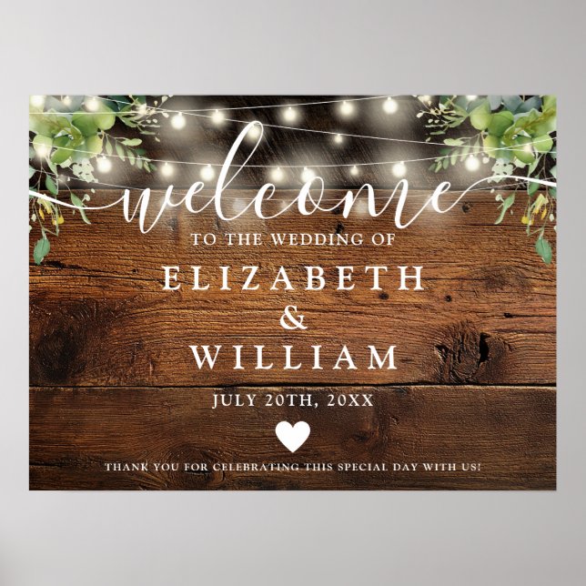 Poster Greenery Wood String Lights Wedding Welcome Sign (Frente)