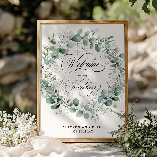 Poster Greenery Wreath Elegante Casamento Neutral (Greenery Wreath Elegant Neutral Script Wedding Poster)