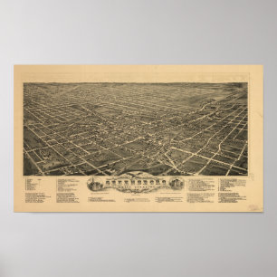 Póster Greensboro N. Carolina 1891 Mapa Panorâmico Antiqu