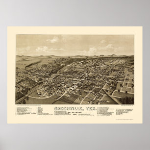 Póster Greenville, mapa panorâmico de TX - 1886