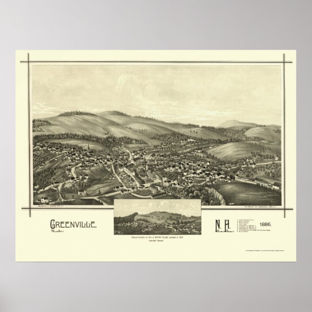 Póster Greenville, Mapa Panorâmico NH - 1886 (Frente)