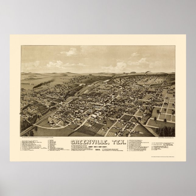 Póster Greenville, Mapa Panorâmico TX - 1886 (Frente)