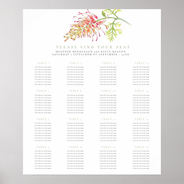 Poster Grevillea floral green wedding 16 tables plan (Frente)