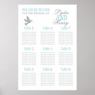 Póster Grey dove aqua blue wedding seating table plan 1-9