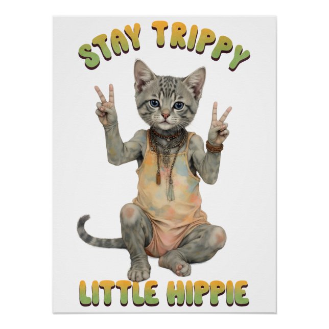 Póster Grey Tabby Cat Boho Stay Trippy Little Hippie  (Frente)