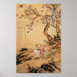 Poster Greyhound Chinês Antigo sob Flores de Pessegueiro