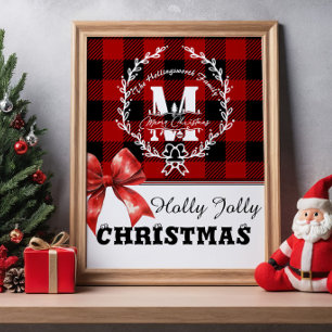 Poster Grinalda de Monograma Feliz Natal Xadrez de Búfalo