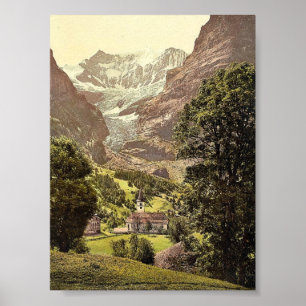 Poster Grindelwald, igreja e montanha de Eiger, Bernese