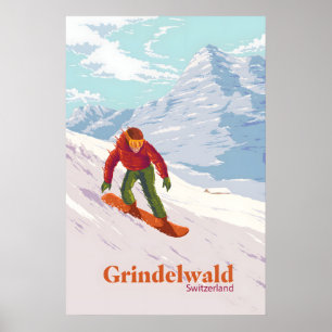 Poster Grindelwald Suíça Pôster de Viagem Esqui Snowboard
