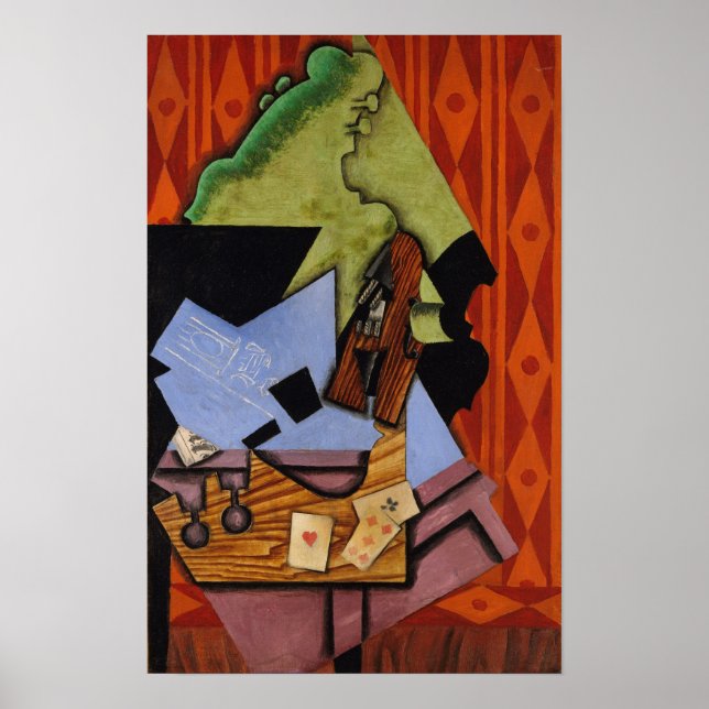 Poster Gris - Violino E Cartas De Baralho Em Uma Mesa (Frente)