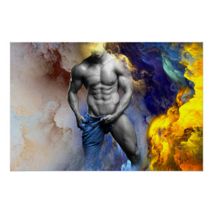 Póster grito do físico musculoso de homem em tons de cinz