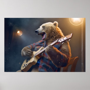 Poster Grizzar Bear Animal Diversão Tocando Violão Feliz