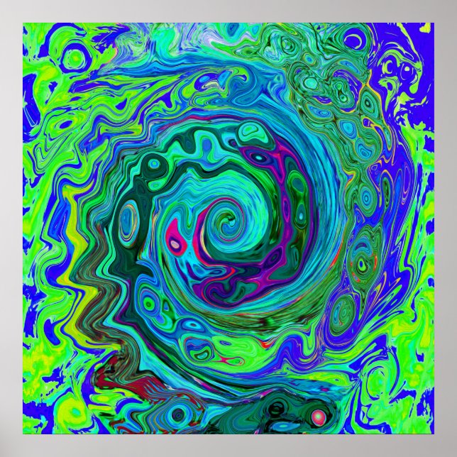Poster Groovy Abstrato com espiral verde e azul (Frente)