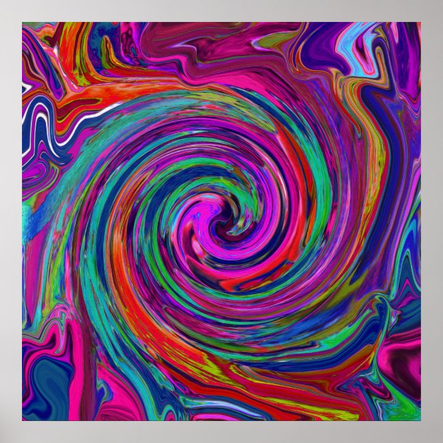 Poster Groovy Abstrato Retro Magenta Dark Rainbow Swirl (Frente)