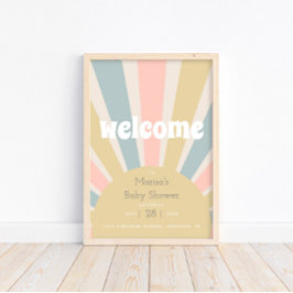 Poster Groovy Baby Hippie Retro Chá de fraldas Bem-vindo