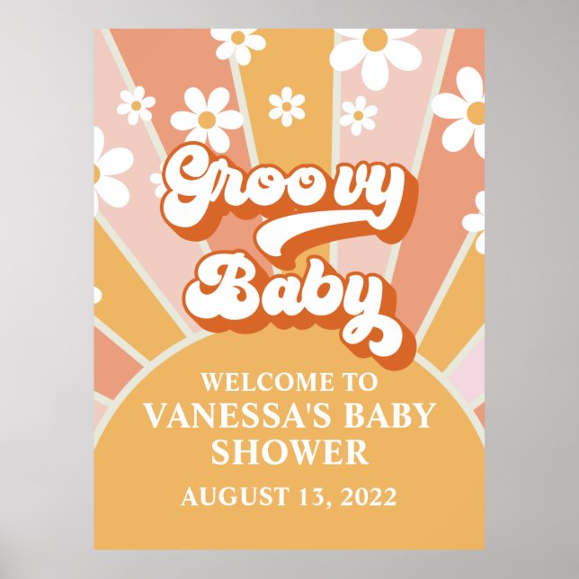 Poster Groovy Baby Retro Sunshine Bem-vindo ao Chá de Beb (Frente)