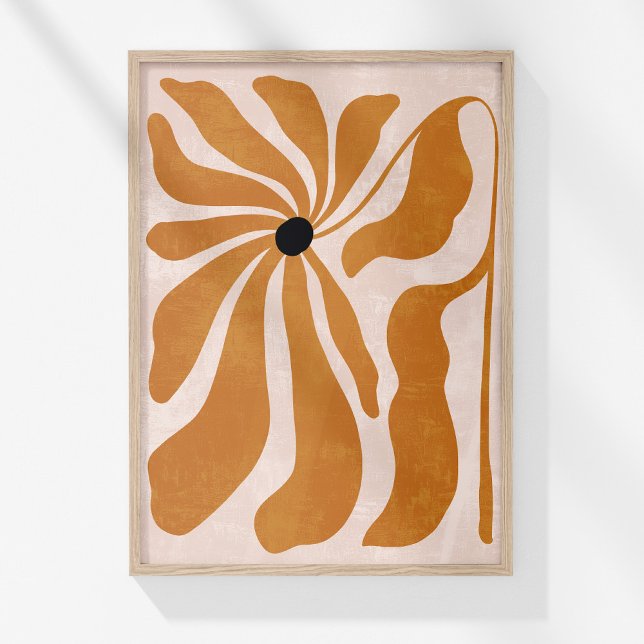 Poster Groovy Burnt Orange Beige Abstrato Floral Wall Art (Boho Burnt Orange Beige Abstract Floral Wall Art in a wooden frame on a sunny white wall.)