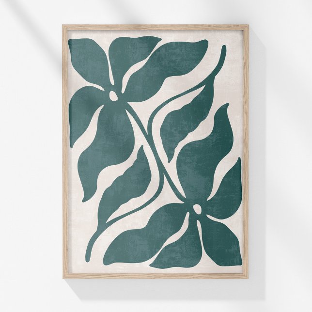 Poster Groovy Dusty Blue Abstrato Flower Wall Art (Boho Blue and White Abstract Floral Wall Artin a wooden frame on a sunny white wall.)