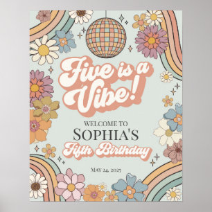 Poster Groovy Floral 5 Birthday - Sinal de Boas-vindas