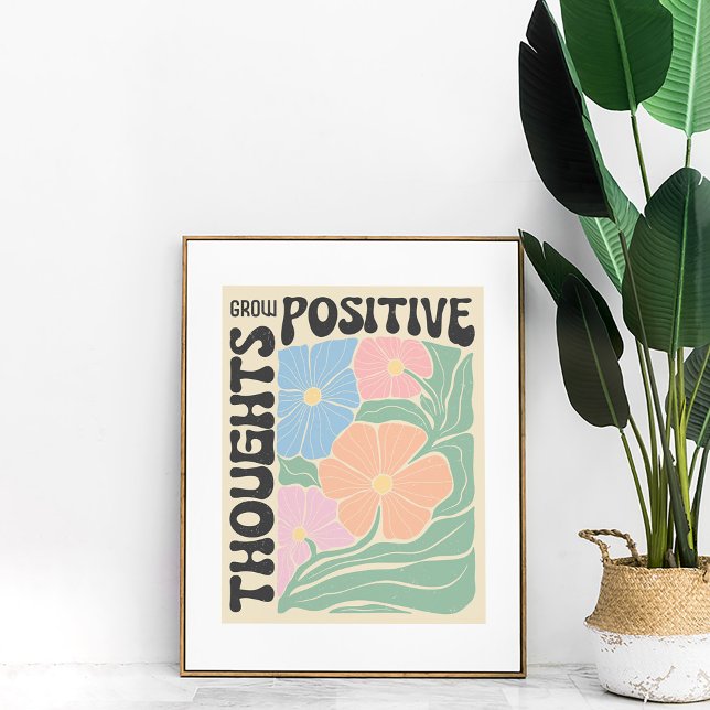 Poster Groovy Flowers "Cresce Pensamentos Positivos" Mura (Groovy Flowers "Grow Positive Thoughts" Wall Art in a golden frame with a large green plant.)