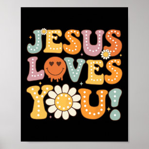 Poster Groovy Jesus ama Vocês Crianças Mulheres Fé Religi