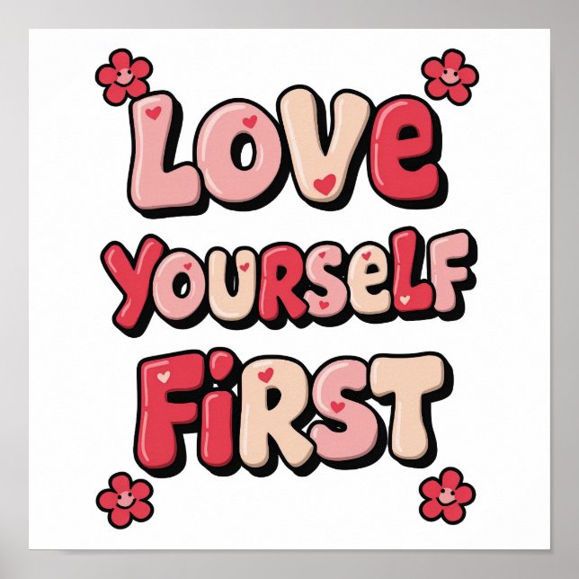 Poster Groovy Pink "Love Yourself First" Quote (Frente)
