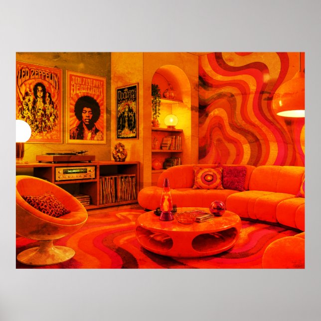 Poster Groovy Retro Living Estilo 1970 Cores Frias Parede (Frente)