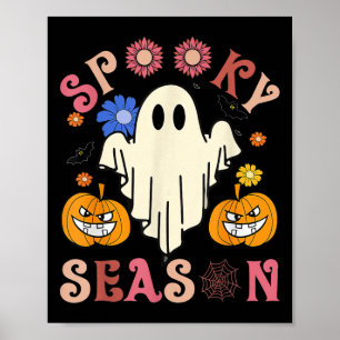 Poster Groovy Spooky Season Cute Ghost Segurando Pumpkin