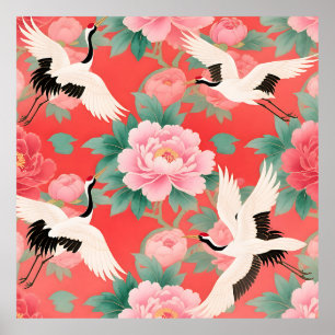 Poster Groses-Flores Vermelhas de Grou Japonês Elegância